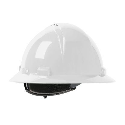 Picture of Hard Hat Vented, White Full Brim Hard Hat with HDPE Shell, 4-Point Textile Suspension and Wheel Ratchet Adjustment, PER EACH